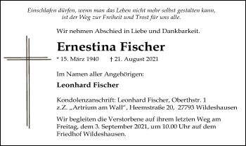 Todesanzeige von Ernestina Fischer von SYK