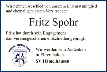 Todesanzeige von Fritz Spohr von SYK