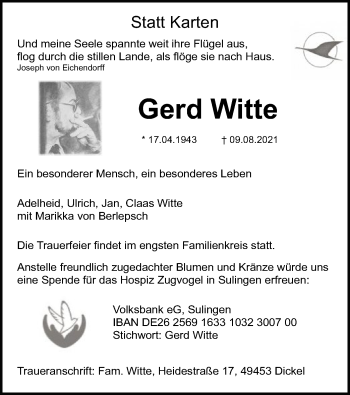 Todesanzeige von Gerd Witte von SYK