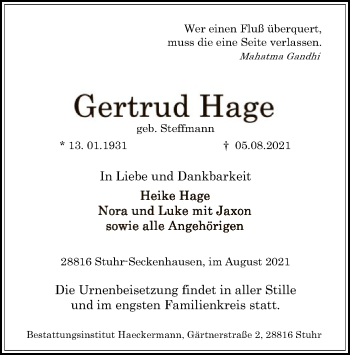 Todesanzeige von Gertrud Hage von SYK