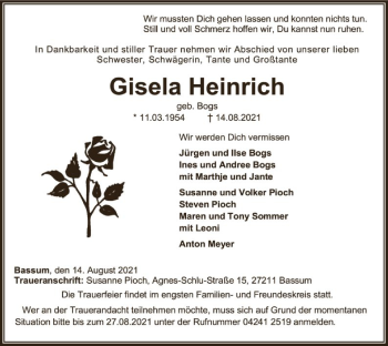 Todesanzeige von Gisela Heinrich von SYK