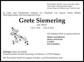 Todesanzeige von Grete Siemering von SYK