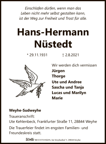 Todesanzeige von Hans-Hermann Nüstedt von SYK