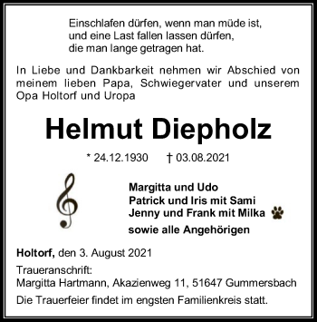 Todesanzeige von Helmut Diepholz von SYK