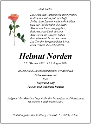 Todesanzeige von Helmut Norden von SYK