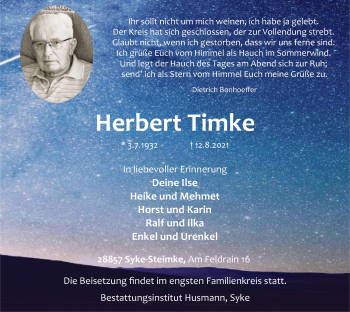 Todesanzeige von Herbert Timke von SYK