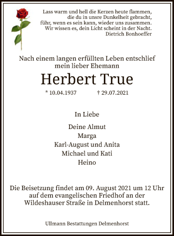 Todesanzeige von Herbert True von SYK