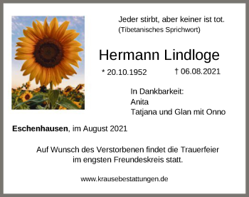 Todesanzeige von Hermann Lindloge von SYK
