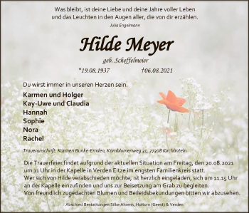 Todesanzeige von Hilde Meyer von SYK