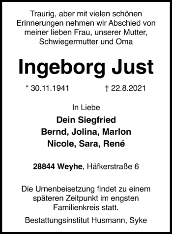 Todesanzeige von Ingeborg Just von SYK