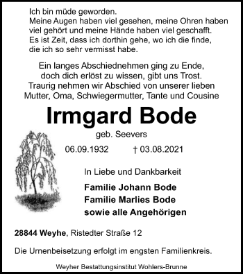 Todesanzeige von Irmgard Bode von SYK