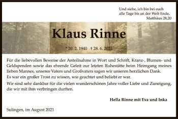 Todesanzeige von Klaus Rinne von SYK