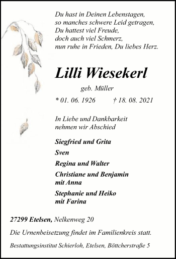 Todesanzeige von Lilli Wiesekerl von SYK