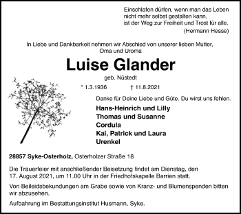 Todesanzeige von Luise Glander von SYK