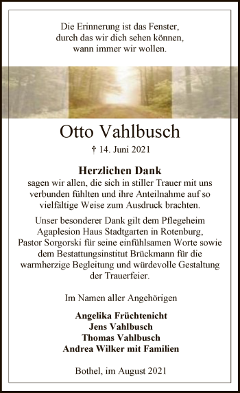 Todesanzeige von Otto Vahlbusch von SYK