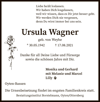 Todesanzeige von Ursula Wagner von SYK
