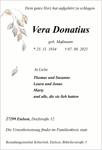 Todesanzeige von Vera Donatius von SYK