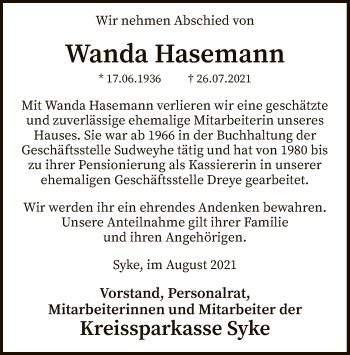Todesanzeige von Wanda Hasemann von SYK