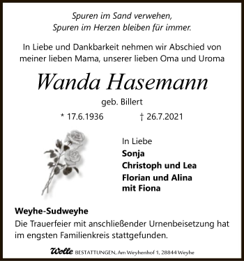 Todesanzeige von Wanda Hasemann von SYK