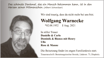 Todesanzeige von Wolfgang Warnecke von SYK