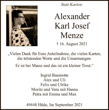 Todesanzeige von Alexander Karl Josef Menze von SYK