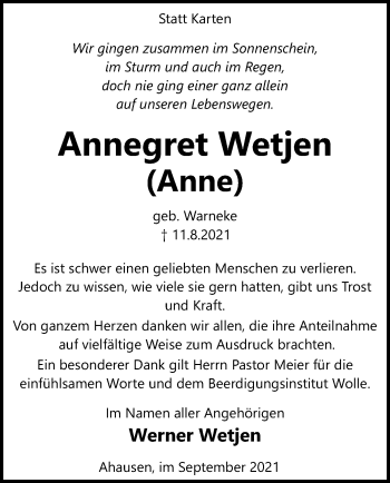 Todesanzeige von Annegret Wetjen von SYK
