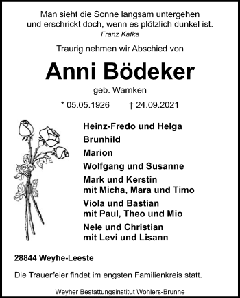 Todesanzeige von Anni Bödeker von SYK