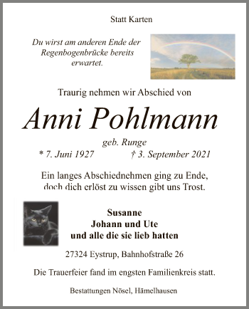 Todesanzeige von Anni Pohlmann von SYK
