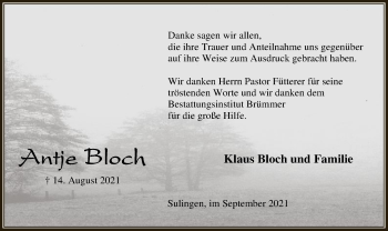 Todesanzeige von Antje Bloch von SYK