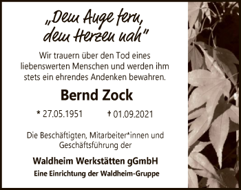 Todesanzeige von Bernd Zock von SYK