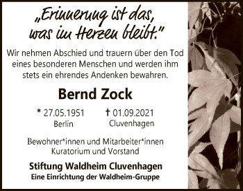 Todesanzeige von Bernd Zock von SYK
