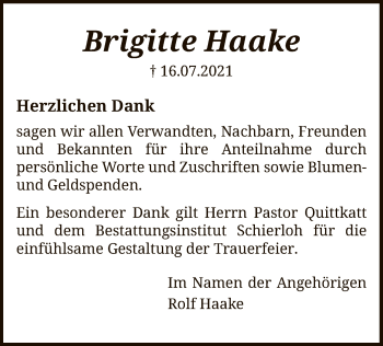 Todesanzeige von Brigitte Haake von SYK