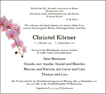 Todesanzeige von Christel Körner von SYK