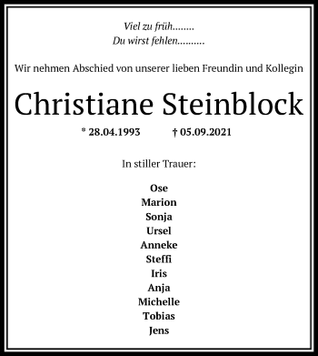 Todesanzeige von Christiane Steinblock von SYK
