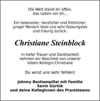 Todesanzeige von Christiane Steinblock von SYK