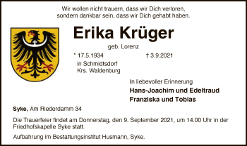 Todesanzeige von Erika Krüger von SYK