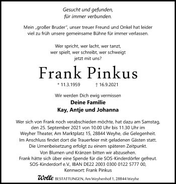 Todesanzeige von Frank Pinkus von SYK