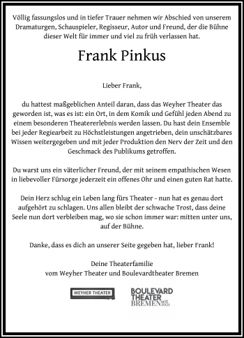 Todesanzeige von Frank Pinkus von SYK