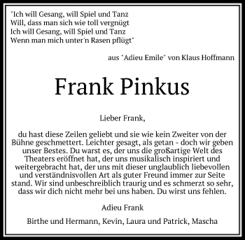 Todesanzeige von Frank Pinkus von SYK