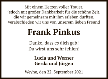 Todesanzeige von Frank Pinkus von SYK