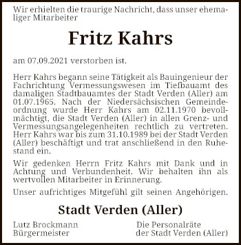 Todesanzeige von Fritz Kahrs von SYK