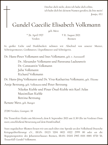 Todesanzeige von Gundel Caecilie Elisabeth Volkmann von SYK