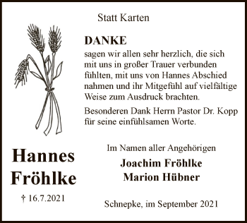 Todesanzeige von Hannes Fröhlke von SYK