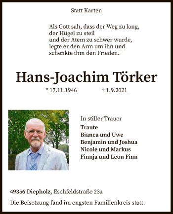 Todesanzeige von Hans-Joachim Törker von SYK