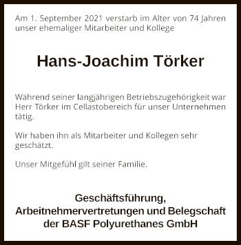 Todesanzeige von Hans-Joachim Törker von SYK