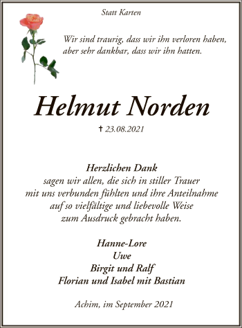 Todesanzeige von Helmut Norden von SYK