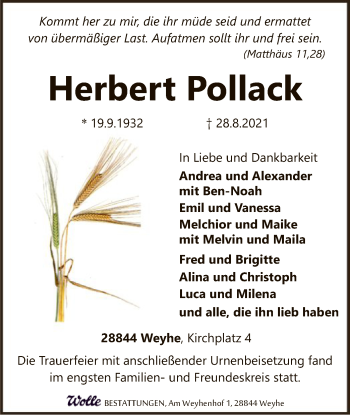 Todesanzeige von Herbert Pollack von SYK