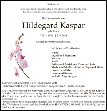 Todesanzeige von Hildegard Kaspar von SYK