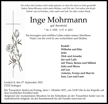 Todesanzeige von Inge Mohrmann von SYK