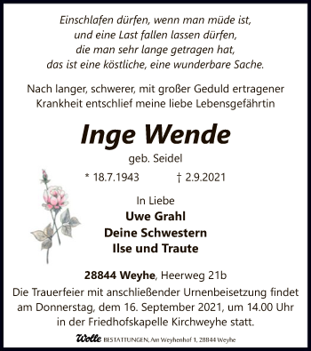 Todesanzeige von Inge Wende von SYK